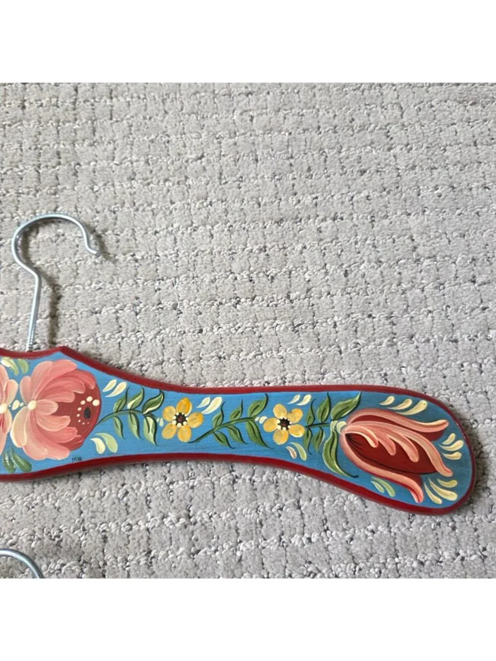 Hand Painted Wooden Clothes Hangers Folk Art Germany Cottage Boho Signed Set 2
